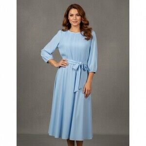 Vintage Ms Classic Blue Pleated Midi Dress Size 14 Made in USA Modest Career